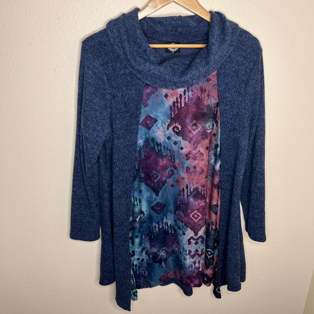 Cal Style Blue Purple Mix Media Print Cowl Neck Tunic Sweater Large